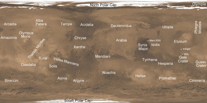 simple cylindrical map of Mars with various place names indicated