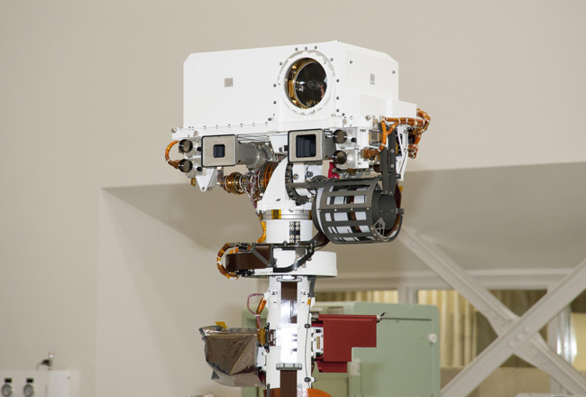The remote sensing mast on NASA's Mars Science Laboratory rover Curiosity, showing the two MSSS-built Mastcams and the ChemCam instrument.
