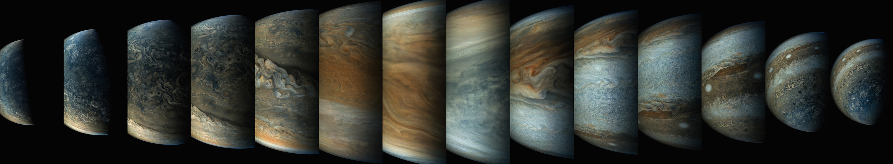 Sequence of 14 enhanced-color JunoCam images. 