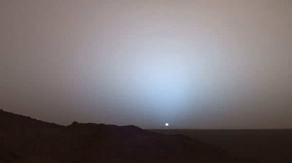 Sunset over Gusev Crater, captured 19 May 2005, by the Pancam system on the Spirit rover.