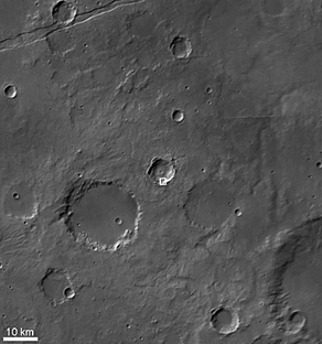 Context view from MOC wide angle images, showing location of crater in which boulder tracks occur.