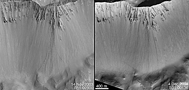 Two MOC images, one from 14 November 2003, the other from 4 December 2004, showing boulder tracks on crater wall; the December 2004 image shows that more than a dozen new tracks formed within the previous year.