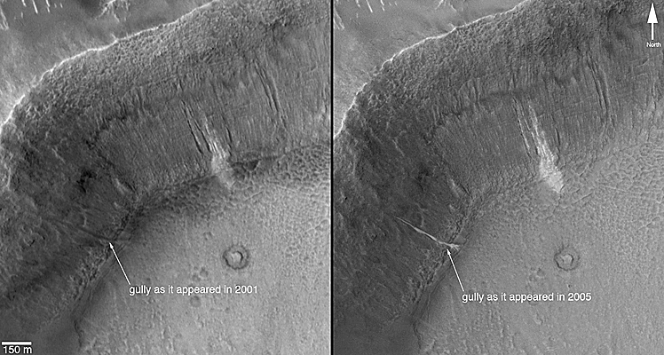 Two pictures, left shows gullies in a crater as seen in 2001; right shows gullies in the same crater as they appeared in 2005. A new, light-toned (looks white in the enhanced image) deposit formed in one of the gullies before the 2005 image was acquired.