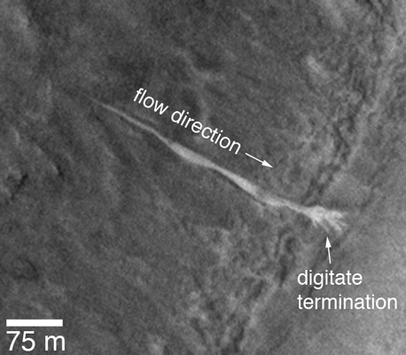 Larger (expanded) view of the light-toned gully deposit running down through the floor of a gully and then forming a 5 or 6 fingered deposit at the base of the slope.