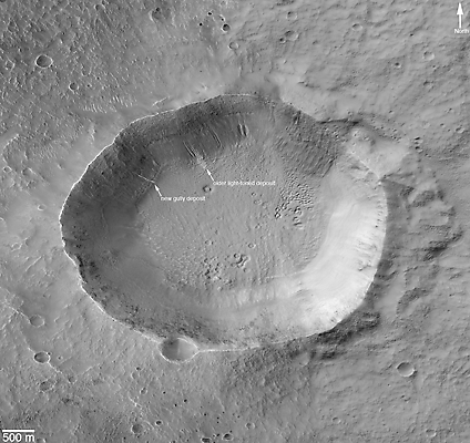 Mosaic of MOC images covering the entire unnamed crater in which the new gully deposit appeared.