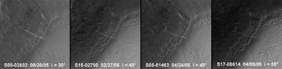 Four views of the light-toned gully deposit, seen under different sun illumination conditions, showing that the new deposit remains bright under a variety of sun incidence angles.
